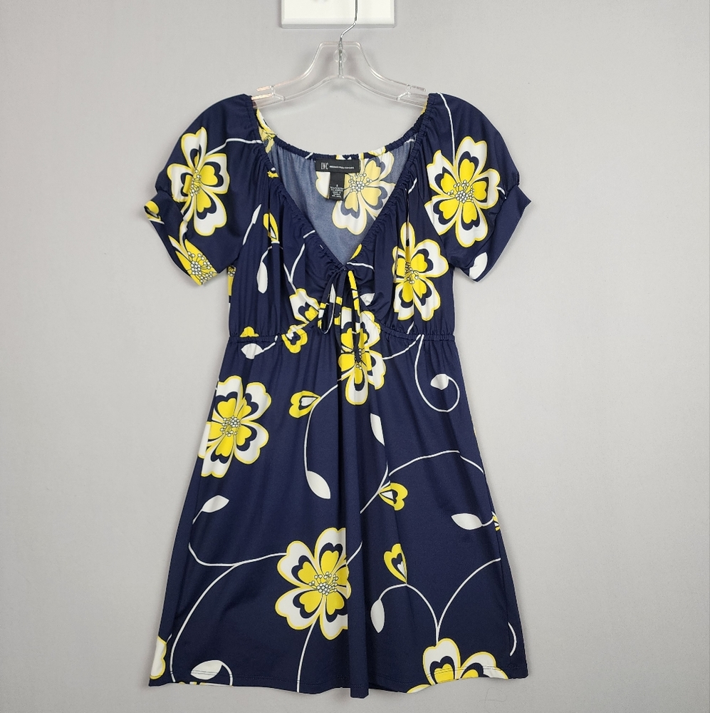 INC Womens Tunic Shirt Blue With Yellow Flowers Sz Small